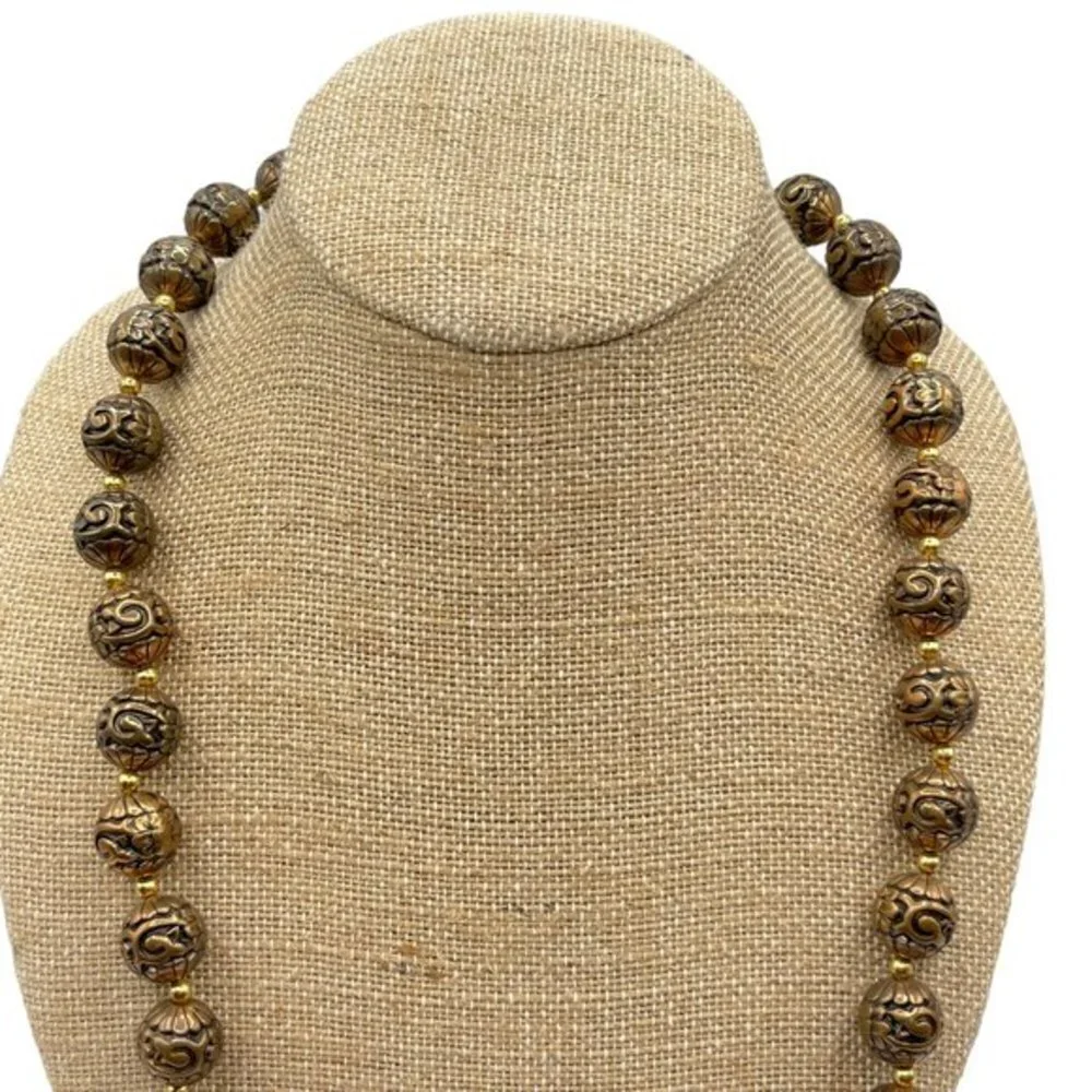 Rare Carved Bronze Beaded Necklace